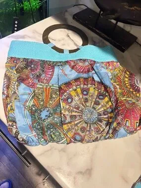 Bags | Blue Patterned Tote Bag With Wooden Handles | Poshmark